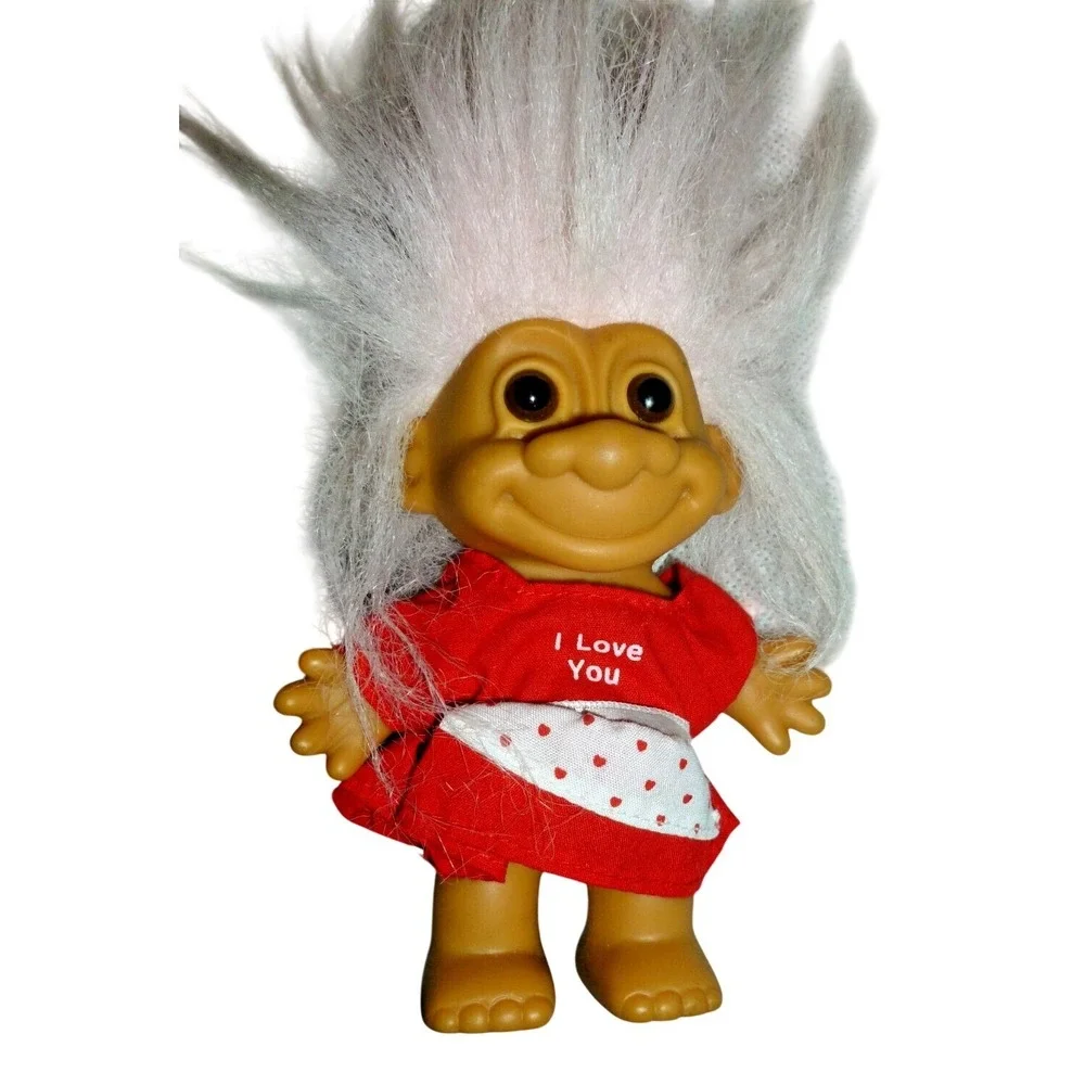 Vintage Russ Berrie Troll Doll White Hair I Love You Red Dress Heart Apron 5